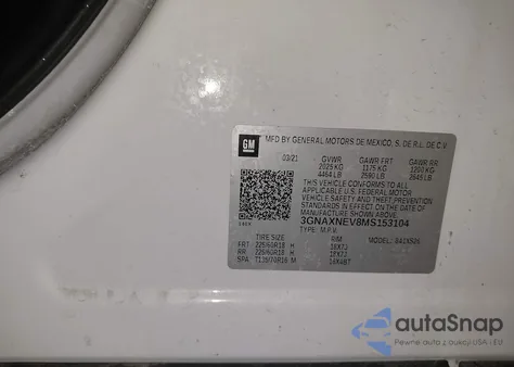 2021 Chevrolet Equinox Fwd Premier z USA, uszkodzony, nr VIN 3GNAXNEV8MS153104